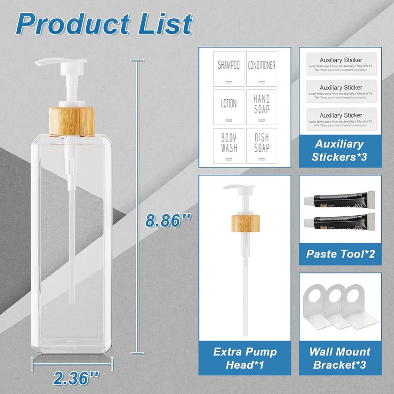 VITVITI Shampoo and Conditioner Dispenser, 17OZ Refillable Shower Soap Dispenser Wall Mounted, Plastic Shampoo/Body Wash Shower Bottles for Bathroom with Pump/Labels, Bamboo (Clear) - Image 5